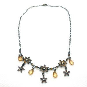 Orange Flower Drop Chain Necklace with Teardrop Beads